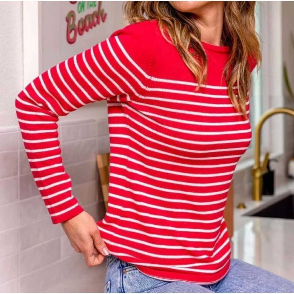 Pura Cashmere Classic Breton Crew Seaside Berry/White Stripe Size S